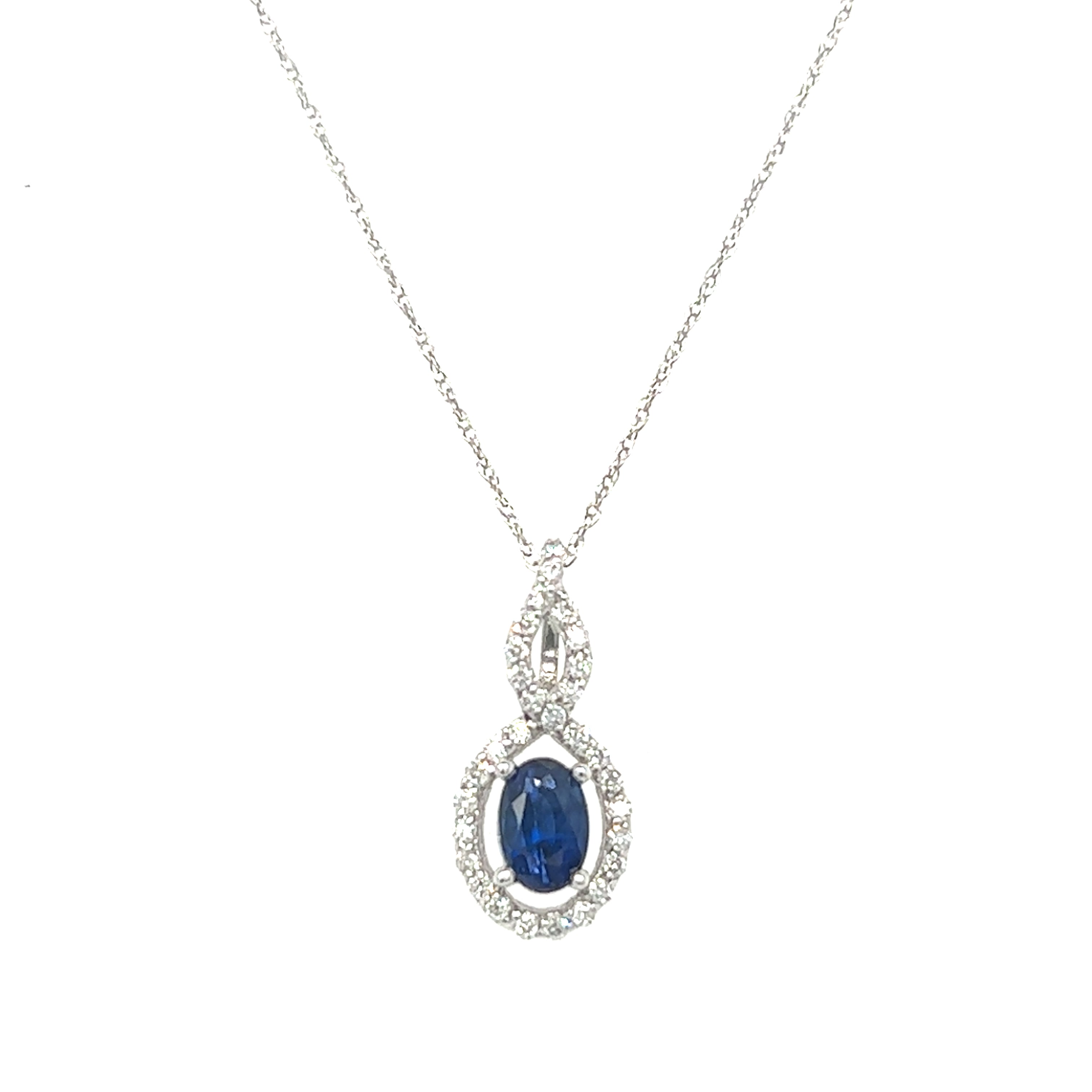 14K White Gold 0.6CT Oval Sapphire and Diamond Pendant