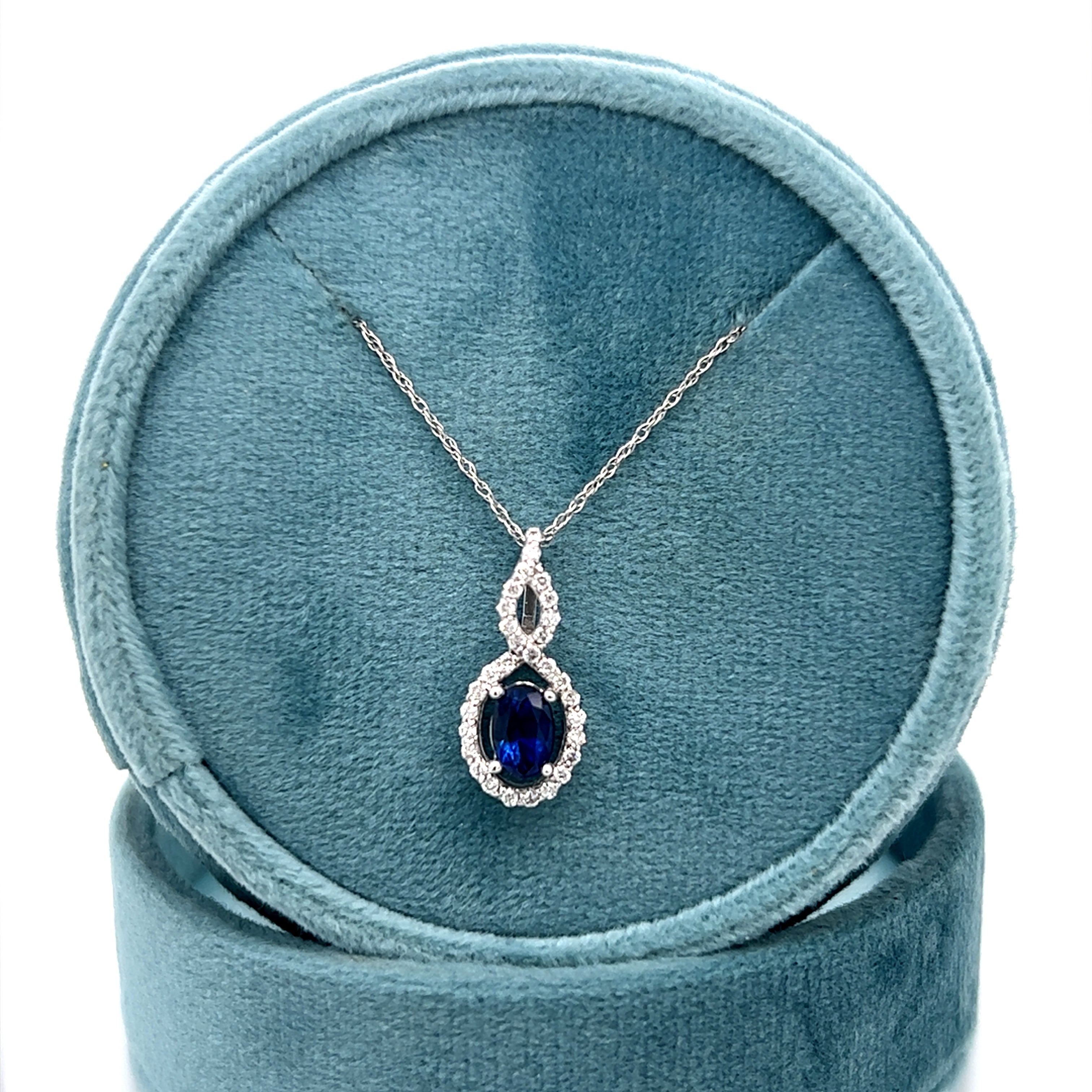 14K White Gold 0.6CT Oval Sapphire and Diamond Pendant
