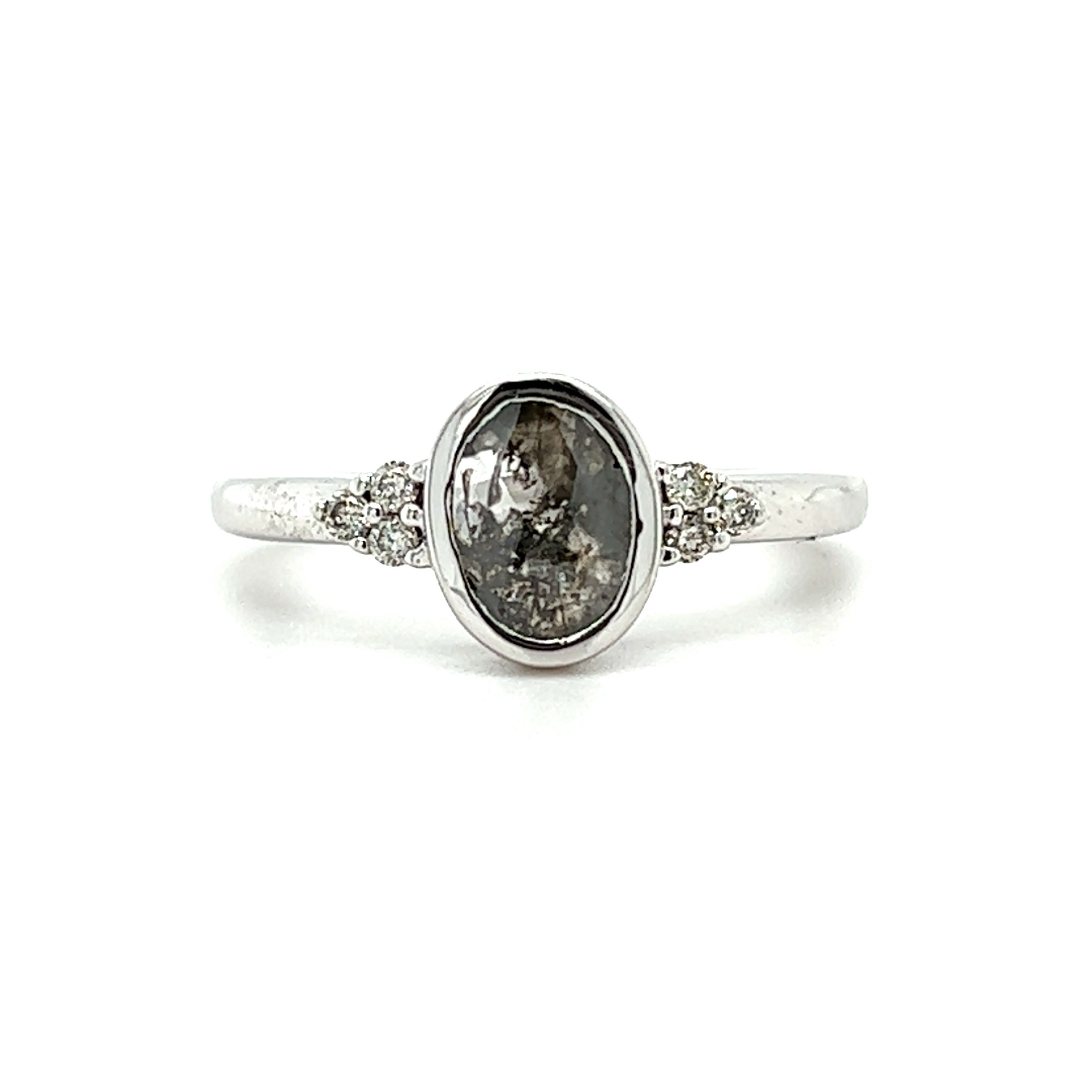 14K White Gold Salt and Pepper Oval Bezel Set Bridal Engagement Fashion Ring  with 1.00 Carat Total Weight (7) Diamonds including Natural 0.91CT Oval Diamond Center