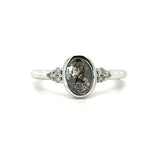 14K White Gold Salt and Pepper Oval Bezel Set Bridal Engagement Fashion Ring  with 1.00 Carat Total Weight (7) Diamonds including Natural 0.91CT Oval Diamond Center