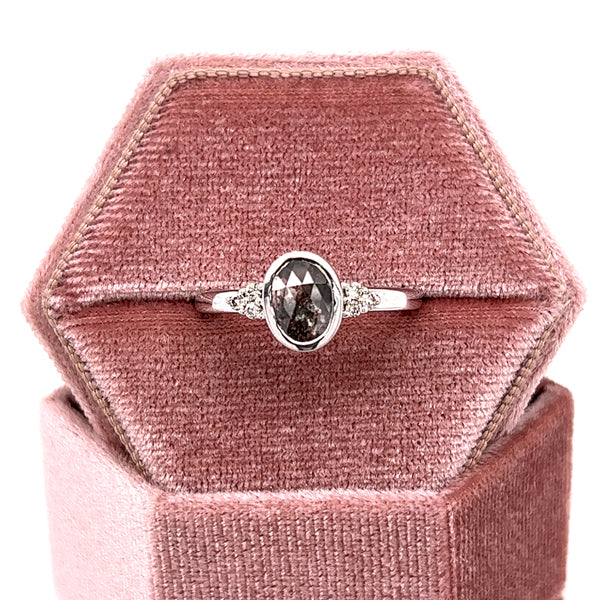 14K White Gold Salt and Pepper Oval Bezel Set Bridal Engagement Fashion Ring  with 1.00 Carat Total Weight (7) Diamonds including Natural 0.91CT Oval Diamond Center