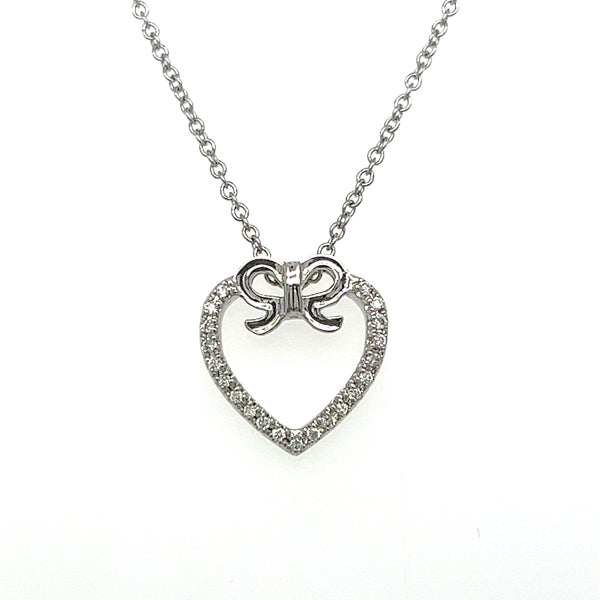 14K White Gold Diamond Bow and Heart Pendant Necklace
