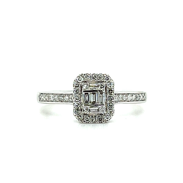 14K White Gold 1/3 Carat Total Weight Diamond Emerald-Shaped Composite Setting Halo Bridal Engagement Ring