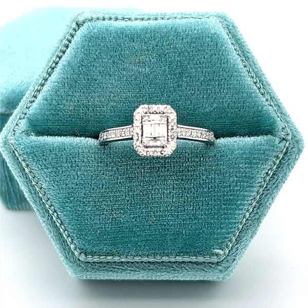 14K White Gold 1/3 Carat Total Weight Diamond Emerald-Shaped Composite Setting Halo Bridal Engagement Ring