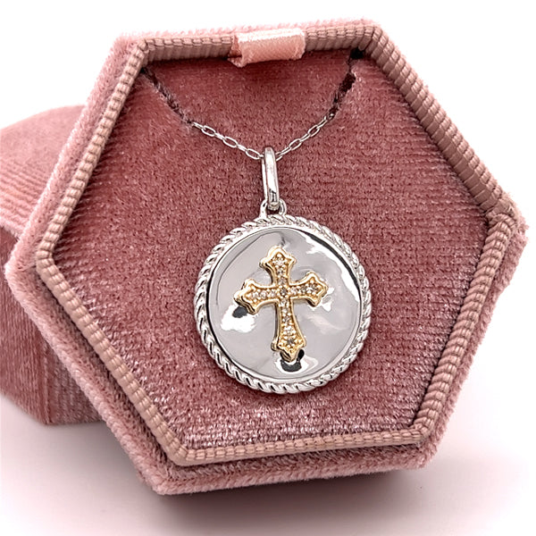 Sterling Silver and 10K Yellow Gold .07 Carat Total Weight Diamond Cross Circle Necklace