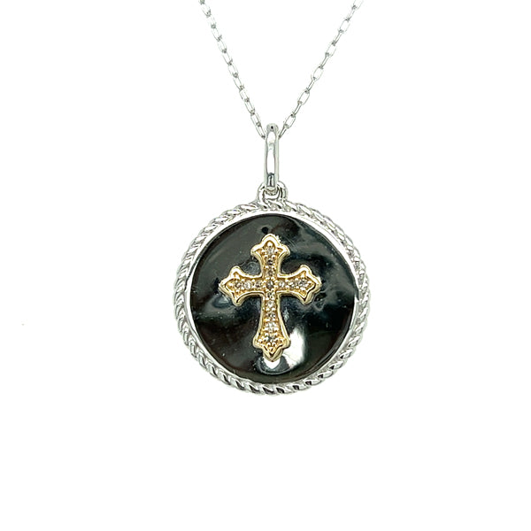 Sterling Silver and 10K Yellow Gold .07 Carat Total Weight Diamond Cross Circle Necklace