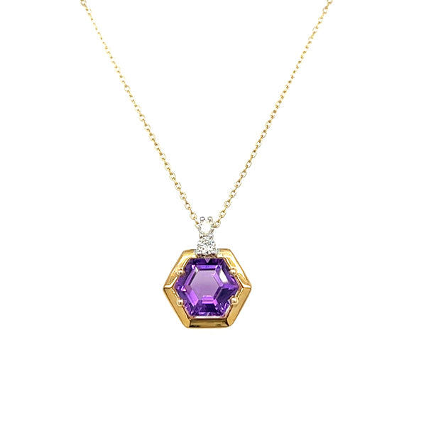14K White and Yellow Gold Amethyst and Diamond Hexagon Pendant