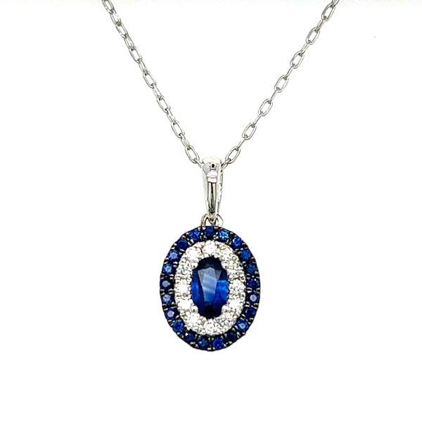 10K White Gold Oval and Round Sapphire and Diamond Halo Necklace