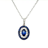 10K White Gold Oval and Round Sapphire and Diamond Halo Necklace