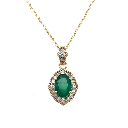 14K Yellow Gold .16 Carat Total Weight Diamond and .75CT Emerald Pendant Necklace on 18" Chain