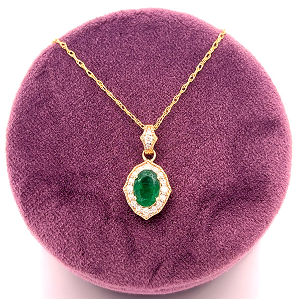14K Yellow Gold .16 Carat Total Weight Diamond and .75CT Emerald Pendant Necklace on 18" Chain