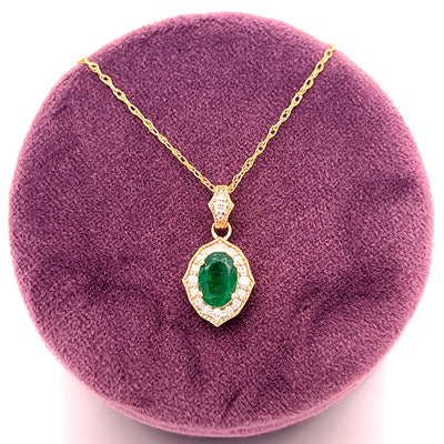 14K Yellow Gold .16 Carat Total Weight Diamond and .75CT Emerald Pendant Necklace on 18" Chain