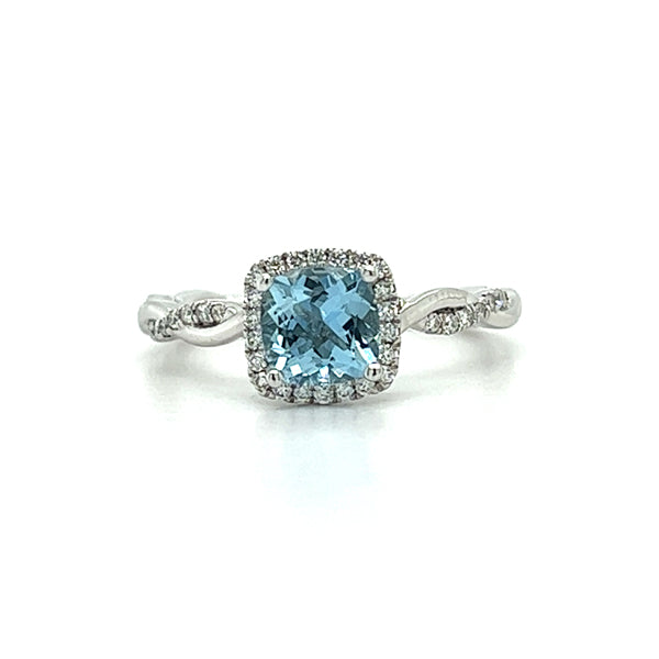 14K White Gold .32 Carat Total Weight Diamond and .85CT Aqua Cushion Cut Ring