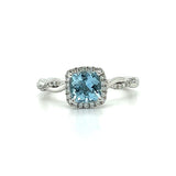 14K White Gold .32 Carat Total Weight Diamond and .85CT Aqua Cushion Cut Ring