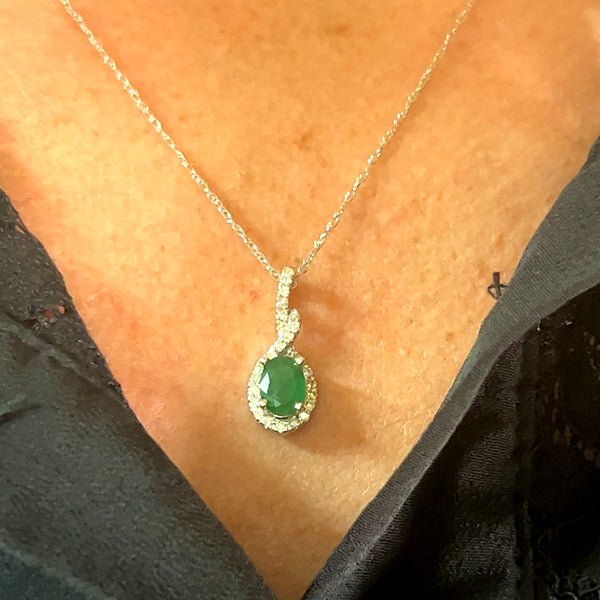 14K White Gold .24 Carat Total Weight Diamond and .80CT Emerald Pendant Necklace on 18" Chain