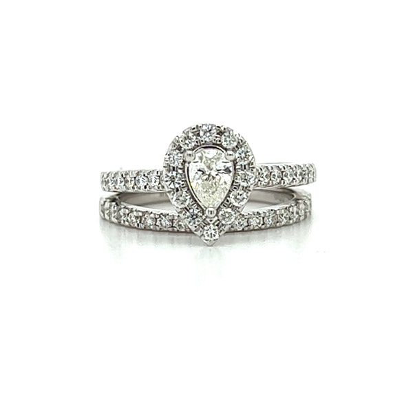 14K White Gold 1.00 Carat Total Weight Diamond Pear-Shaped Halo Bridal Wedding Engagement Ring Set with Peekaboo Diamond in Gallery of Rin