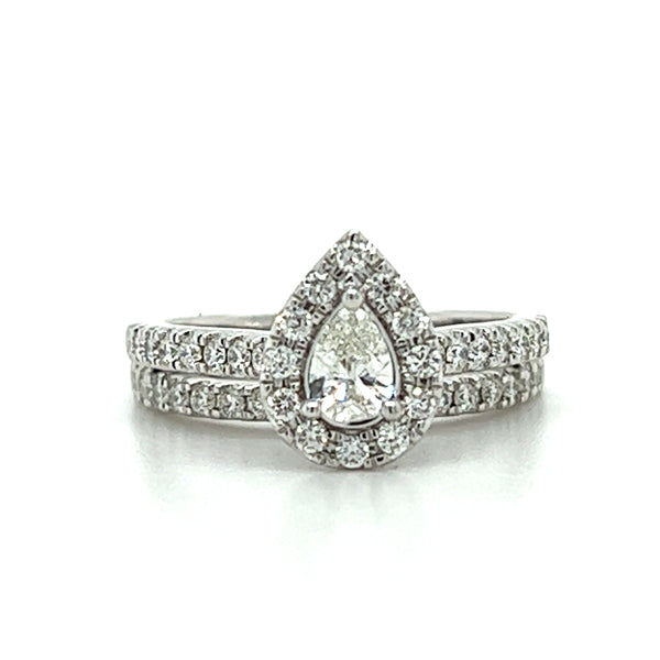 14K White Gold 1.00 Carat Total Weight Diamond Pear-Shaped Halo Bridal Wedding Engagement Ring Set with Peekaboo Diamond in Gallery of Rin