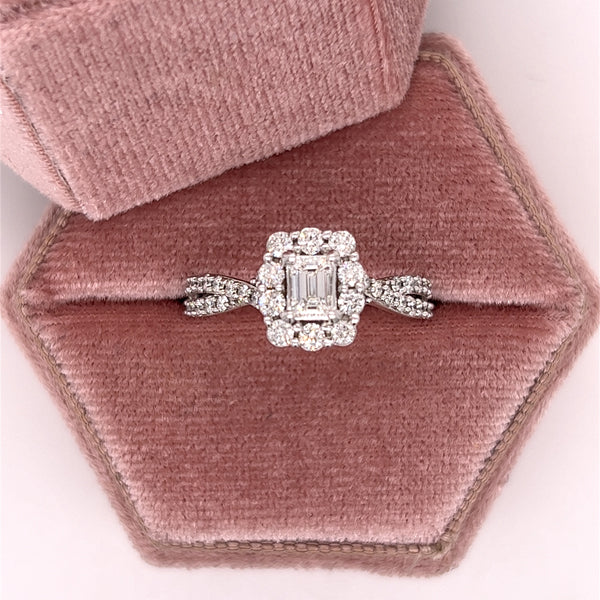 14K White Gold 1.00 Carat Total Weight Diamond Rectangular Halo Twisted Band Bridal Engagement Wedding Anniversary Ring