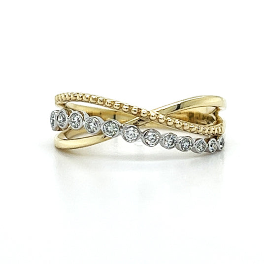 10K Yellow and White Gold 0.18 Carat Total Weight Diamond, Plain and Rope Criss Cross Band Ring
