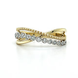 10K Yellow and White Gold 0.18 Carat Total Weight Diamond, Plain and Rope Criss Cross Band Ring