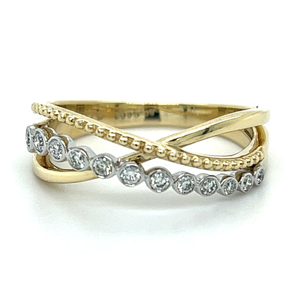 10K Yellow and White Gold 0.18 Carat Total Weight Diamond, Plain and Rope Criss Cross Band Ring