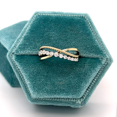 10K Yellow and White Gold 0.18 Carat Total Weight Diamond, Plain and Rope Criss Cross Band Ring