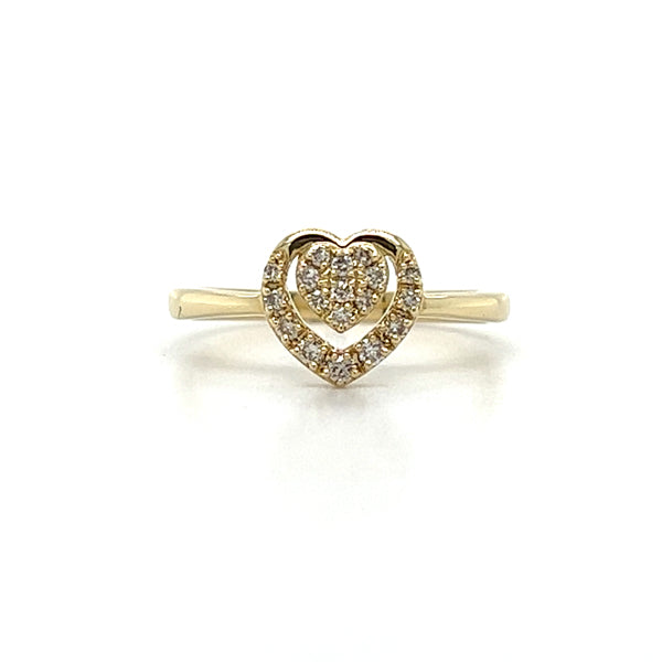 10K Yellow Gold Diamond Heart Within a Heart Bridal Engagement Promise Ring