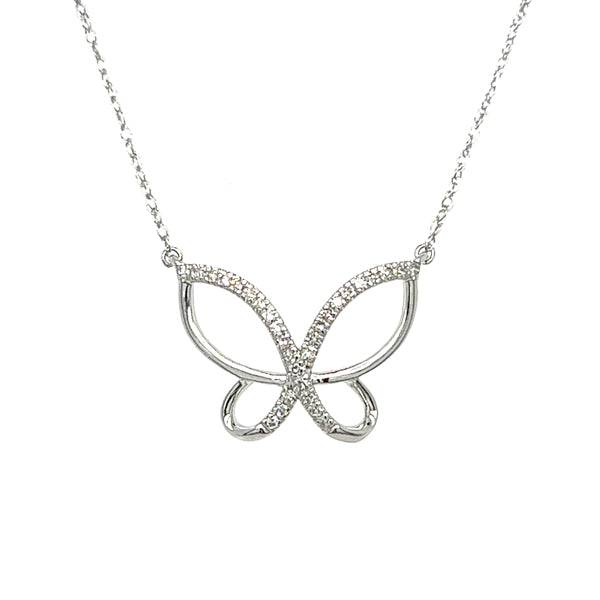 10K White Gold 1/10 Carat Total Weight (30) Diamond Butterfly Pendant Necklace on 18" Chain