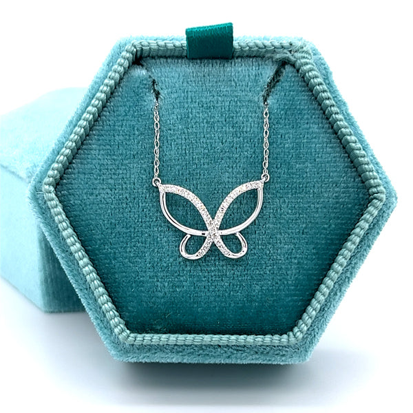 10K White Gold 1/10 Carat Total Weight (30) Diamond Butterfly Pendant Necklace on 18" Chain