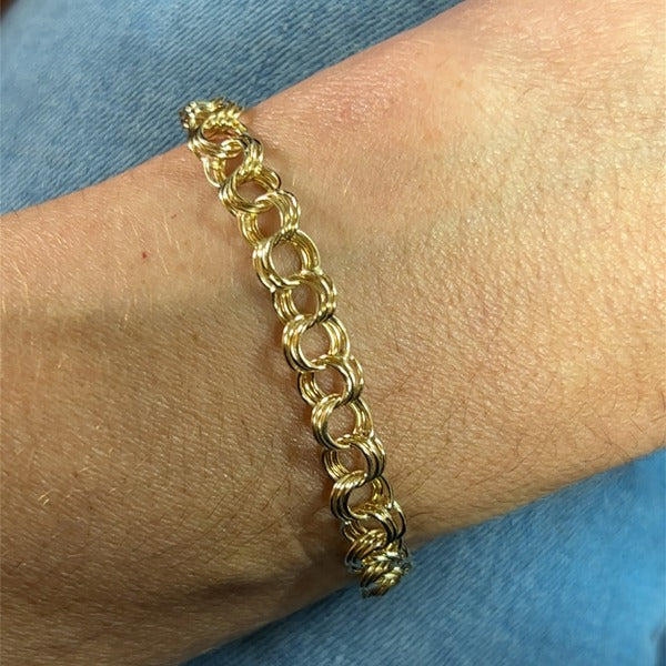 "Jin" 14K Yellow Gold Double Link Charm Bracelet 8" Estate OHTPP224