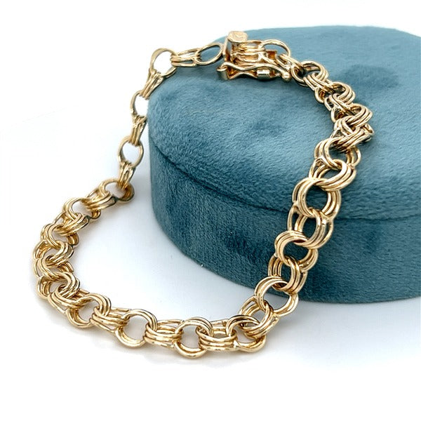 "Jin" 14K Yellow Gold Double Link Charm Bracelet 8" Estate OHTPP224