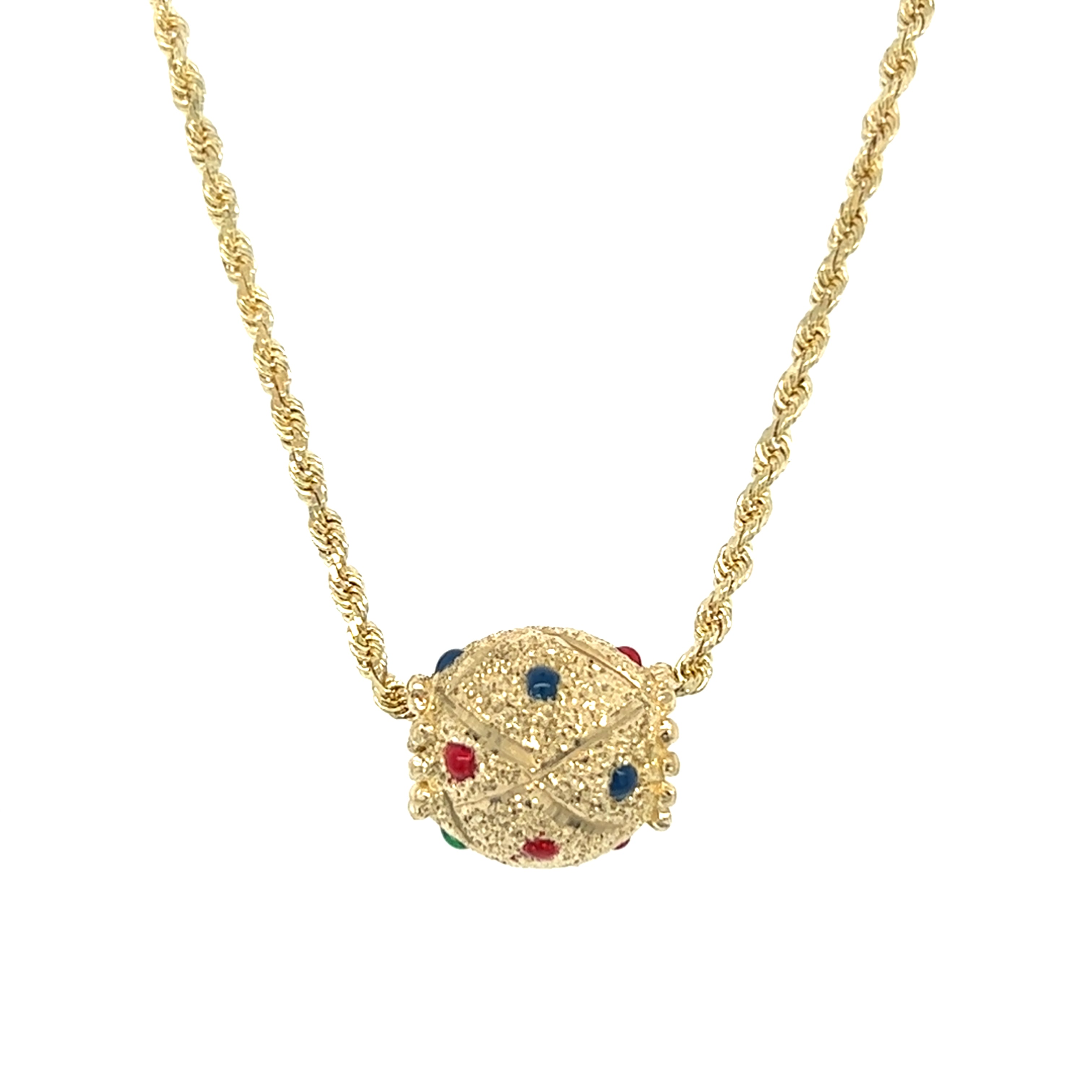 "Madelyn" 14K Yellow Gold 15.5g 1.6mm Rope 20" Rope Chain with a Ruby, Emerald and Sapphire Cloisonne Bead Estate 3023OYT