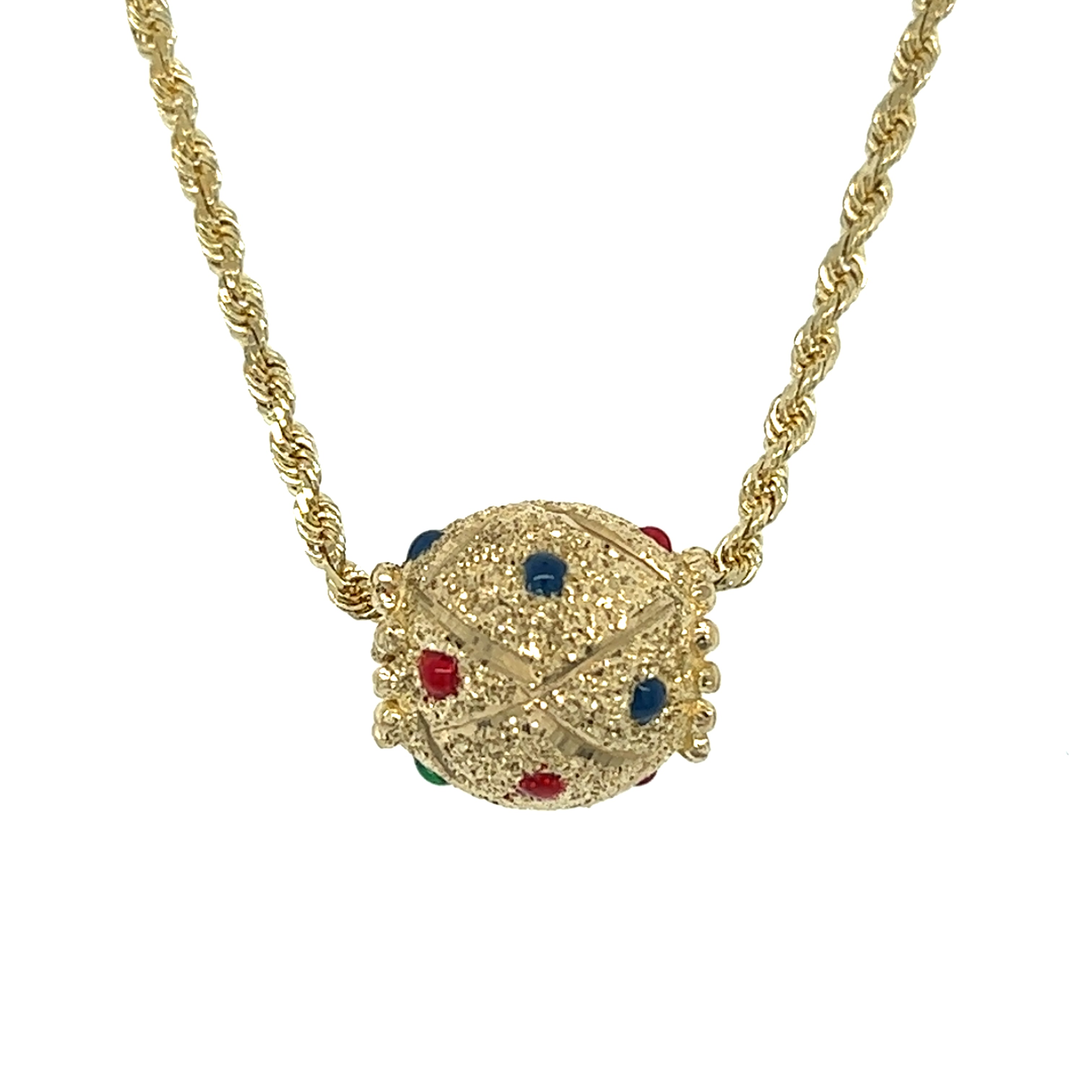 "Madelyn" 14K Yellow Gold 15.5g 1.6mm Rope 20" Rope Chain with a Ruby, Emerald and Sapphire Cloisonne Bead Estate 3023OYT