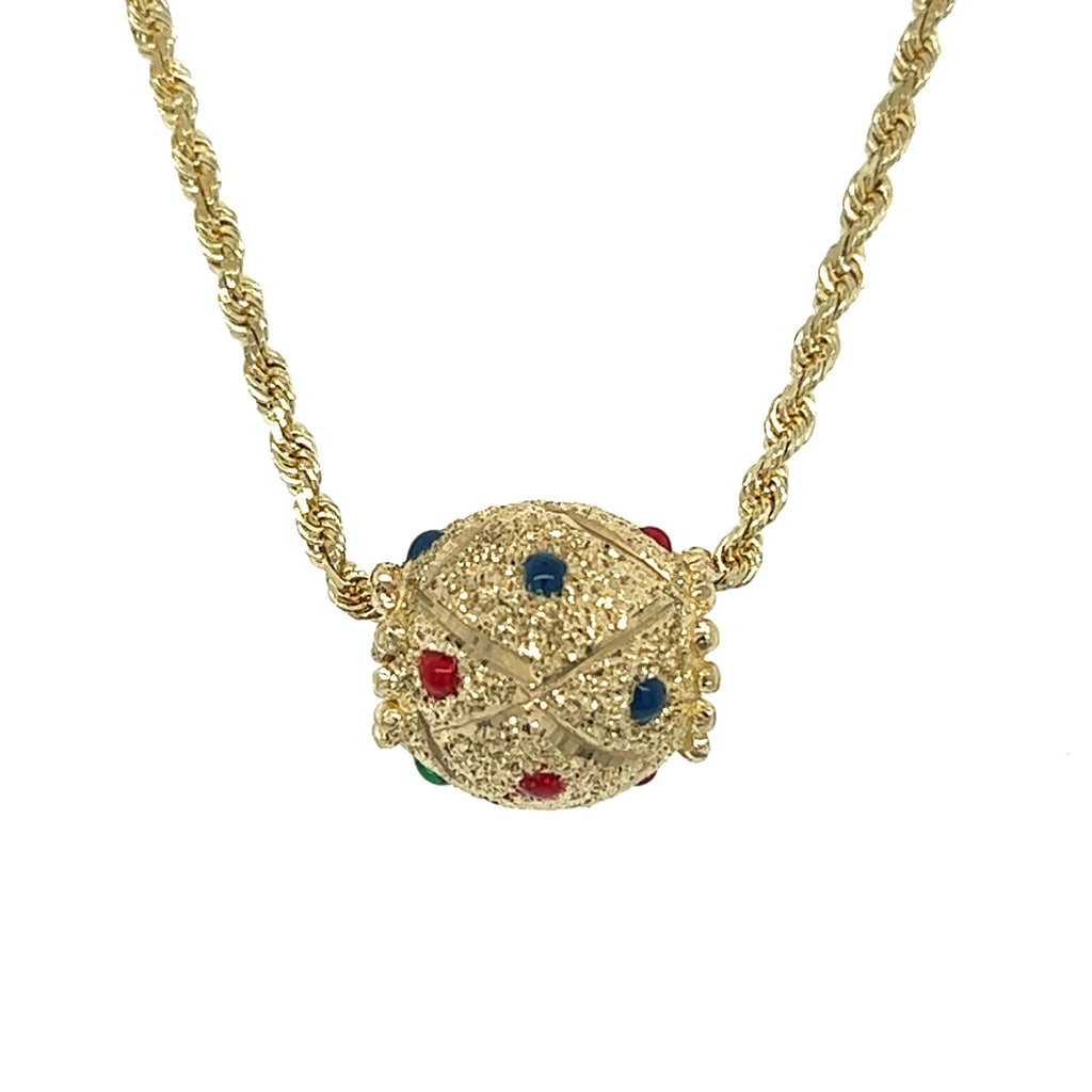 14K Yellow Gold 15.5g 1.6mm Rope 20" Rope Chain with a Ruby, Emerald and Sapphire Cloisonne Bead 3023OYT Estate