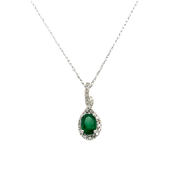 14K White Gold .24 Carat Total Weight Diamond and .80CT Emerald Pendant Necklace on 18" Chain