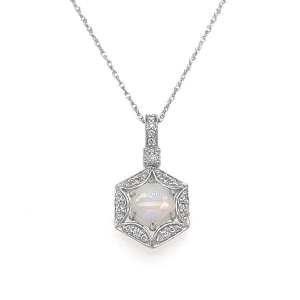 14K White Gold 6mm Round Cabochon Opal and .13 Carat Total Weight (23) Round Diamond Geometric Pendant