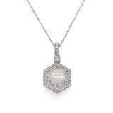 14K White Gold 6mm Round Cabochon Opal and .13 Carat Total Weight (23) Round Diamond Geometric Pendant