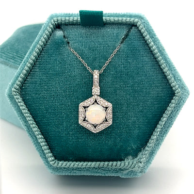 14K White Gold 6mm Round Cabochon Opal and .13 Carat Total Weight (23) Round Diamond Geometric Pendant