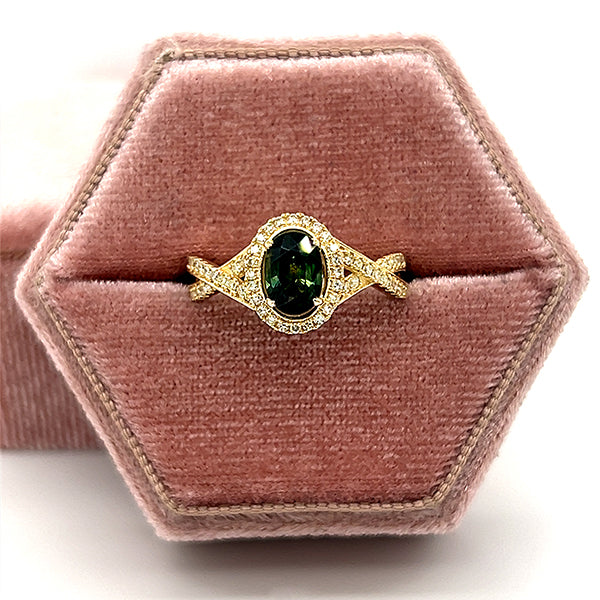 14K Yellow Gold Diamond and Green Sapphire Ring