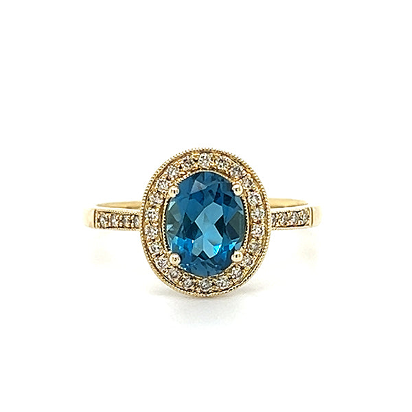 10K Yellow Gold London Blue Topaz and 0.15 Carat Total Weight Diamond Ring