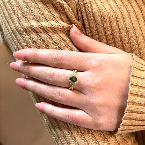 14K Yellow Gold Diamond and Green Sapphire Ring