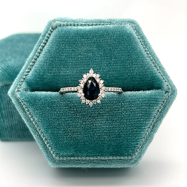 10K White Gold Pear-Shaped Sapphire and 0.20 Carat Total Weight Diamond Ring