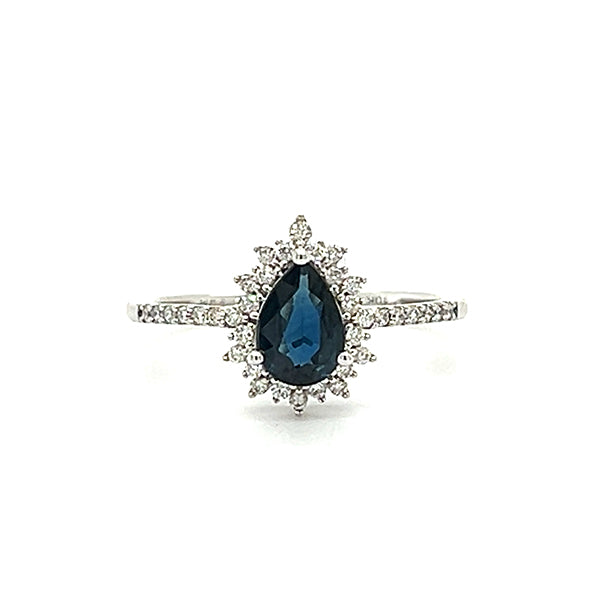 10K White Gold Pear-Shaped Sapphire and 0.20 Carat Total Weight Diamond Ring