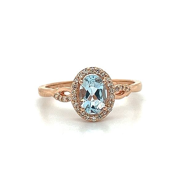 14K Rose Gold Oval Aquamarine and 0.13 Carat Total Weight Diamond Ring
