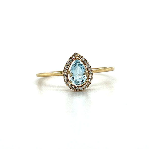 10K Yellow Gold Pear-Shaped Aquamarine and Diamond Halo Ring