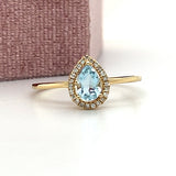 10K Yellow Gold Pear-Shaped Aquamarine and Diamond Halo Ring