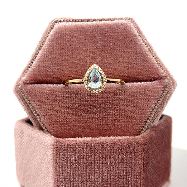 10K Yellow Gold Pear-Shaped Aquamarine and Diamond Halo Ring