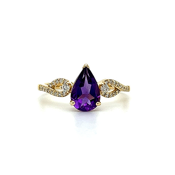 14K Yellow Gold Pear-Shaped Amethyst and 0.15 Carat Total Weight Diamond Ring