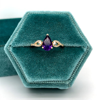 14K Yellow Gold Pear-Shaped Amethyst and 0.15 Carat Total Weight Diamond Ring