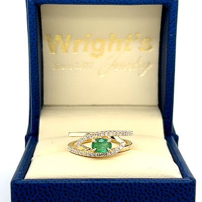 14K Yellow Gold 0.26 Carat Total Weight Diamond and 0.38CT Emerald Ring WJS Custom Set Collection